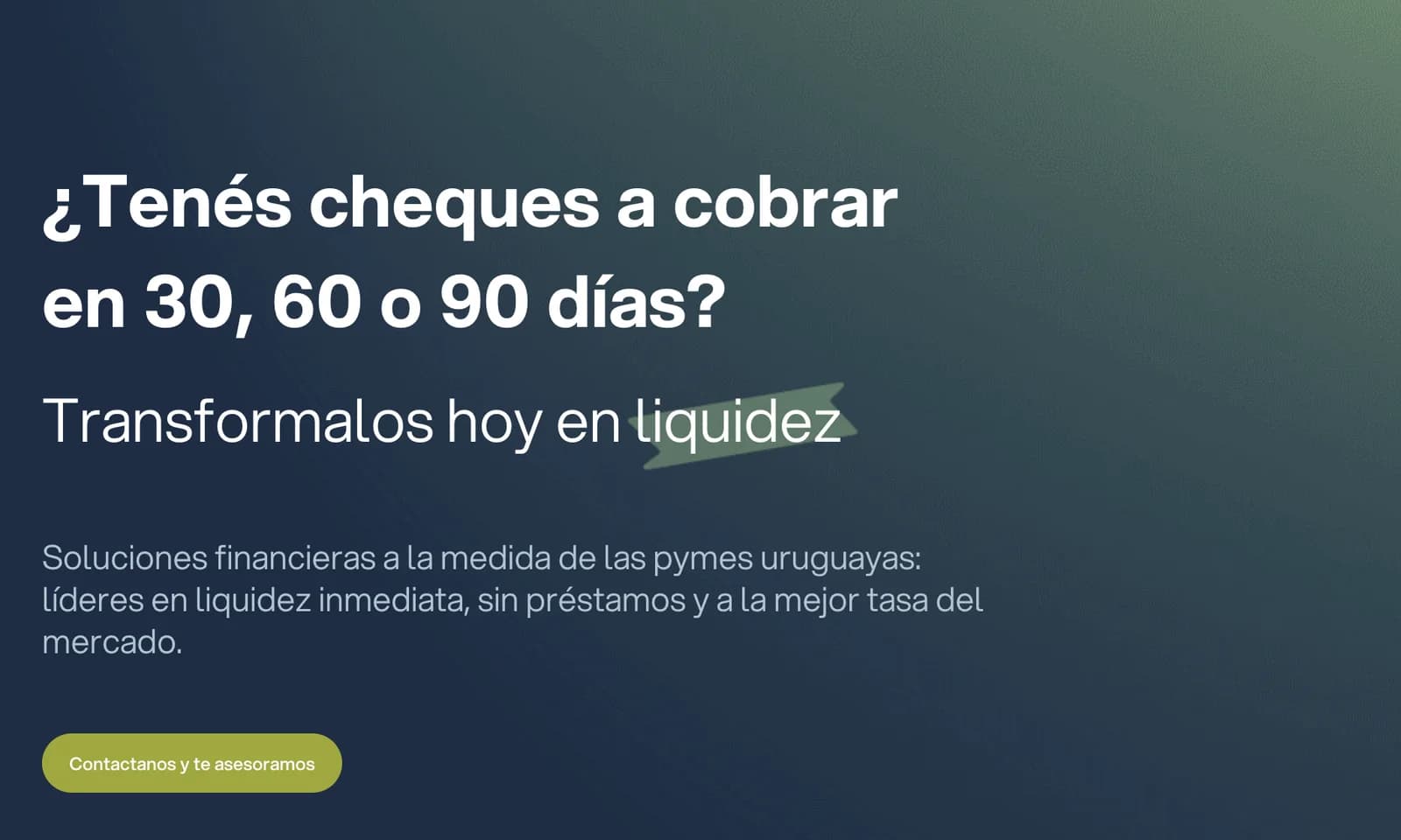 Captura del sitio de MiFinanzas: su portada propone transformar cheques a 30, 60 o 90 días en liquidez inmediata para pymes uruguayas.
